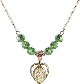 18" Hamilton Gold Plated Necklace with 4mm Peridot Crystal Beads featuring a 14kt Gold Filled Saint Jude Medal.