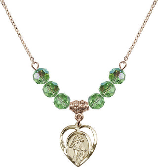 18" Hamilton Gold Plated Necklace with 4mm Peridot Crystal Beads featuring a 14kt Gold Filled Guardian Angel Medal.