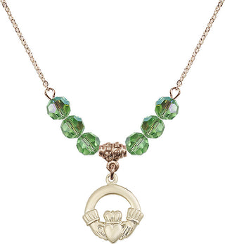 18" Hamilton Gold Plated Necklace with 4mm Peridot Crystal Beads featuring a 14kt Gold Filled Claddagh Medal.