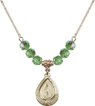 18" Hamilton Gold Plated Necklace with 4mm Peridot Crystal Beads featuring a 14kt Gold Filled Miraculous Medal.