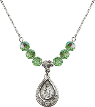 18" Rhodium Plated Necklace with 4mm Peridot Crystal Beads featuring a Sterling Silver Miraculous Medal.