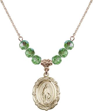 18" Hamilton Gold Plated Necklace with 4mm Peridot Crystal Beads featuring a 14kt Gold Filled Miraculous Medal.