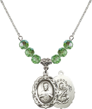 18" Rhodium Plated Necklace with 4mm Peridot Crystal Beads featuring a Sterling Silver Scapular Medal.