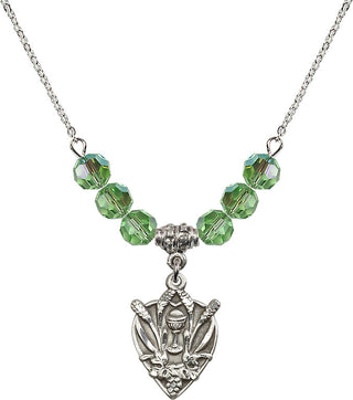 18" Rhodium Plated Necklace with 4mm Peridot Crystal Beads featuring a Sterling Silver Communion Medal.