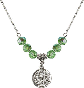 18" Rhodium Plated Necklace with 4mm Peridot Crystal Beads featuring a Sterling Silver Communion Chalice Medal.