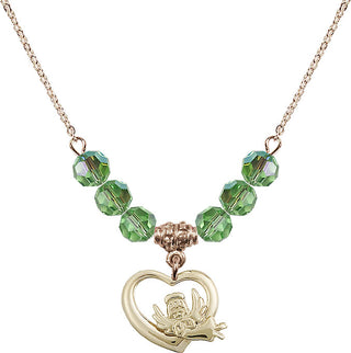 18" Hamilton Gold Plated Necklace with 4mm Peridot Crystal Beads featuring a 14kt Gold Filled Heart / Guardian Angel Medal.