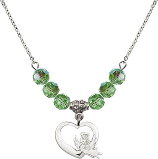 18" Rhodium Plated Necklace with 4mm Peridot Crystal Beads featuring a Sterling Silver Heart / Guardian Angel Medal.