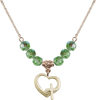 18" Hamilton Gold Plated Necklace with 4mm Peridot Crystal Beads featuring a 14kt Gold Filled Heart / Cross Medal.