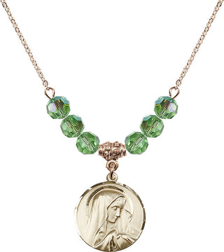 18" Hamilton Gold Plated Necklace with 4mm Peridot Crystal Beads featuring a 14kt Gold Filled Sorrowful Mother Medal.