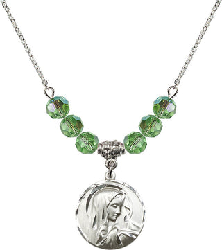 18" Rhodium Plated Necklace with 4mm Peridot Crystal Beads featuring a Sterling Silver Sorrowful Mother Medal.