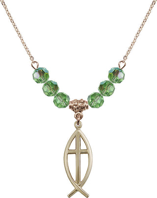 18" Hamilton Gold Plated Necklace with 4mm Peridot Crystal Beads featuring a 14kt Gold Filled Fish / Cross Medal.