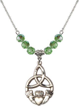 18" Rhodium Plated Necklace with 4mm Peridot Crystal Beads featuring a Sterling Silver Irish Knot / Claddagh Medal.