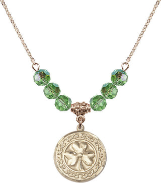 18" Hamilton Gold Plated Necklace with 4mm Peridot Crystal Beads featuring a 14kt Gold Filled Shamrock with Celtic Border Medal.