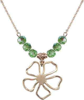 18" Hamilton Gold Plated Necklace with 4mm Peridot Crystal Beads featuring a 14kt Gold Filled Five Pedal Flower Medal.