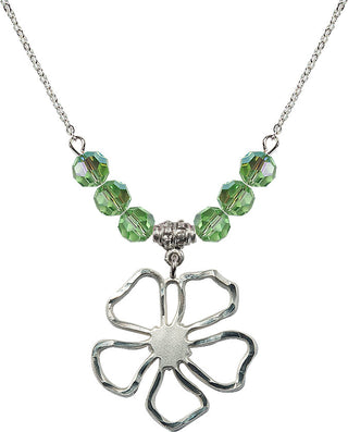 18" Rhodium Plated Necklace with 4mm Peridot Crystal Beads featuring a Sterling Silver Five Pedal Flower Medal.