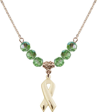 18" Hamilton Gold Plated Necklace with 4mm Peridot Crystal Beads featuring a 14kt Gold Filled Cancer Awareness Medal.