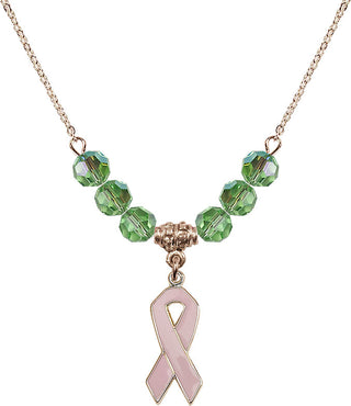 18" Hamilton Gold Plated Necklace with 4mm Peridot Crystal Beads featuring a 14kt Gold Filled Cancer Awareness Medal.