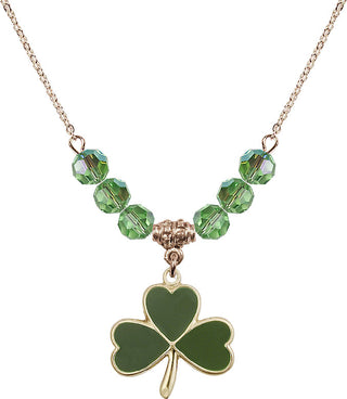 18" Hamilton Gold Plated Necklace with 4mm Peridot Crystal Beads featuring a 14kt Gold Filled Shamrock Medal.