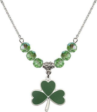 18" Rhodium Plated Necklace with 4mm Peridot Crystal Beads featuring a Sterling Silver Shamrock Medal.