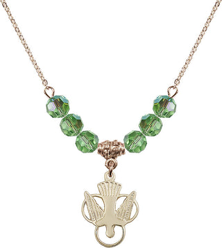 18" Hamilton Gold Plated Necklace with 4mm Peridot Crystal Beads featuring a 14kt Gold Filled Holy Spirit Medal.