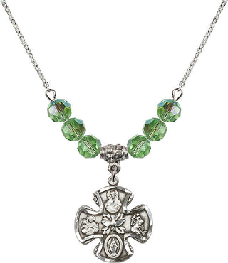 18" Rhodium Plated Necklace with 4mm Peridot Crystal Beads featuring a Sterling Silver 5-Way Medal.