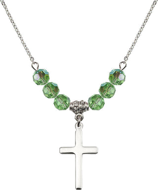 18" Rhodium Plated Necklace with 4mm Peridot Crystal Beads featuring a Sterling Silver Cross Medal.