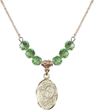 18" Hamilton Gold Plated Necklace with 4mm Peridot Crystal Beads featuring a 14kt Gold Filled Miraculous Medal.
