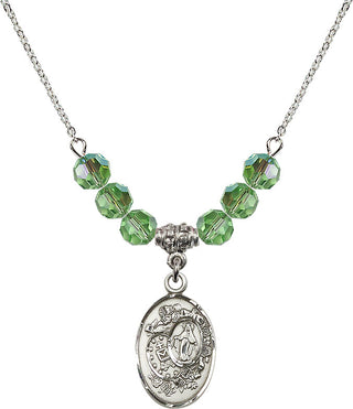 18" Rhodium Plated Necklace with 4mm Peridot Crystal Beads featuring a Sterling Silver Miraculous Medal.
