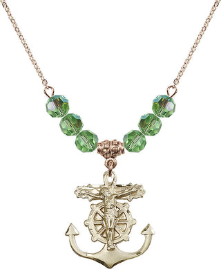 18" Hamilton Gold Plated Necklace with 4mm Peridot Crystal Beads featuring a 14kt Gold Filled Anchor Crucifix Medal.