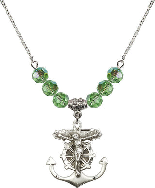18" Rhodium Plated Necklace with 4mm Peridot Crystal Beads featuring a Sterling Silver Anchor Crucifix Medal.