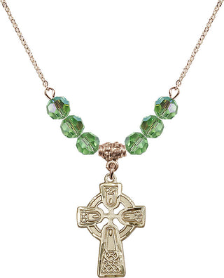 18" Hamilton Gold Plated Necklace with 4mm Peridot Crystal Beads featuring a 14kt Gold Filled Celtic Cross Medal.