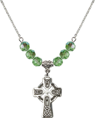 18" Rhodium Plated Necklace with 4mm Peridot Crystal Beads featuring a Sterling Silver Celtic Cross Medal.