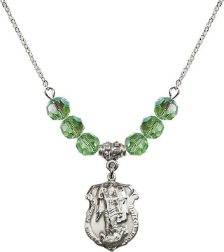 18" Rhodium Plated Necklace with 4mm Peridot Crystal Beads featuring a Sterling Silver Saint Michael the Archangel Medal. Engraved Catholic Saint Jewelry