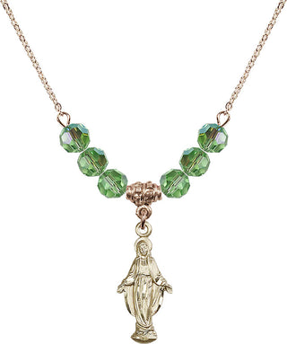 18" Hamilton Gold Plated Necklace with 4mm Peridot Crystal Beads featuring a 14kt Gold Filled Miraculous Medal.
