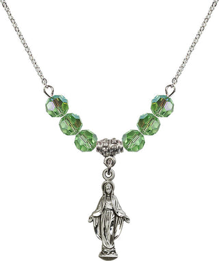 18" Rhodium Plated Necklace with 4mm Peridot Crystal Beads featuring a Sterling Silver Miraculous Medal.