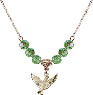 18" Hamilton Gold Plated Necklace with 4mm Peridot Crystal Beads featuring a 14kt Gold Filled Holy Spirit Medal.