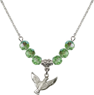 18" Rhodium Plated Necklace with 4mm Peridot Crystal Beads featuring a Sterling Silver Holy Spirit Medal.