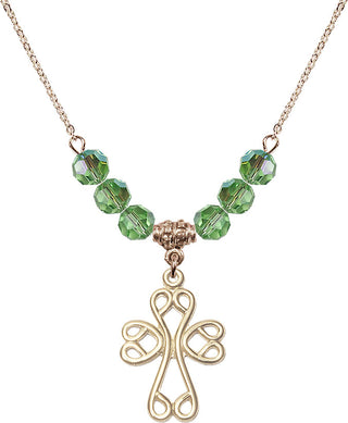 18" Hamilton Gold Plated Necklace with 4mm Peridot Crystal Beads featuring a 14kt Gold Filled Scroll Cross Medal.