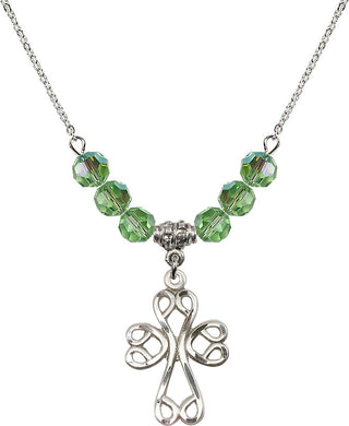 18" Rhodium Plated Necklace with 4mm Peridot Crystal Beads featuring a Sterling Silver Scroll Cross Medal.