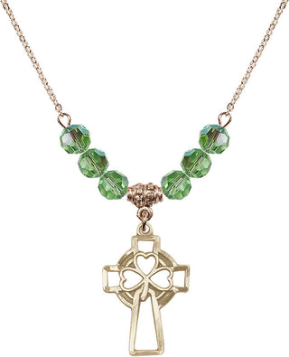 18" Hamilton Gold Plated Necklace with 4mm Peridot Crystal Beads featuring a 14kt Gold Filled Shamrock Cross Medal.