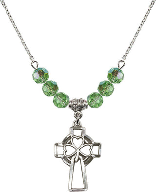 18" Rhodium Plated Necklace with 4mm Peridot Crystal Beads featuring a Sterling Silver Shamrock Cross Medal.