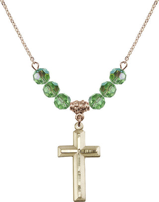 18" Hamilton Gold Plated Necklace with 4mm Peridot Crystal Beads featuring a 14kt Gold Filled Cross Medal. Engraved Catholic Saint Jewelry