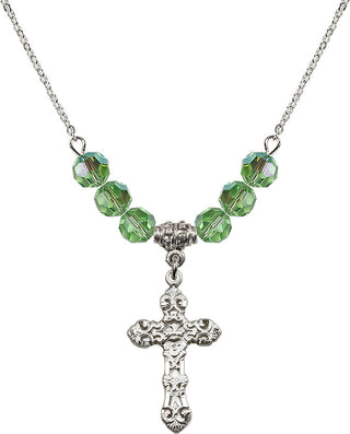 18" Rhodium Plated Necklace with 4mm Peridot Crystal Beads featuring a Sterling Silver Cross Medal. Engraved Catholic Saint Jewelry