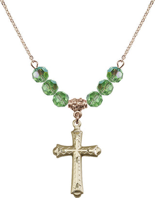 18" Hamilton Gold Plated Necklace with 4mm Peridot Crystal Beads featuring a 14kt Gold Filled Cross Medal. Engraved Catholic Saint Jewelry
