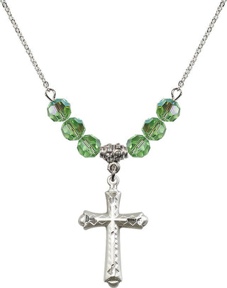 18" Rhodium Plated Necklace with 4mm Peridot Crystal Beads featuring a Sterling Silver Cross Medal. Engraved Catholic Saint Jewelry