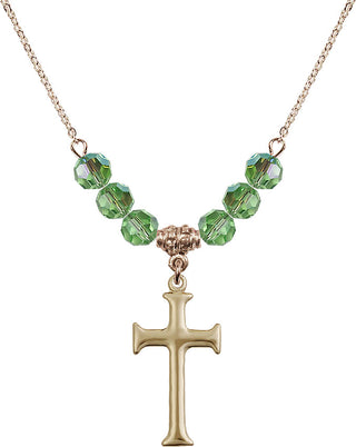 18" Hamilton Gold Plated Necklace with 4mm Peridot Crystal Beads featuring a 14kt Gold Filled Cross Medal. Engraved Catholic Saint Jewelry