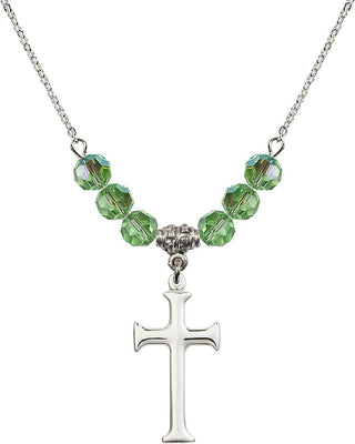 18" Rhodium Plated Necklace with 4mm Peridot Crystal Beads featuring a Sterling Silver Cross Medal. Engraved Catholic Saint Jewelry