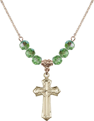 18" Hamilton Gold Plated Necklace with 4mm Peridot Crystal Beads featuring a 14kt Gold Filled Cross Medal. Engraved Catholic Saint Jewelry
