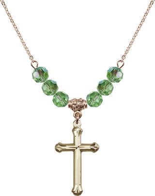 18" Hamilton Gold Plated Necklace with 4mm Peridot Crystal Beads featuring a 14kt Gold Filled Cross Medal. Engraved Catholic Saint Jewelry