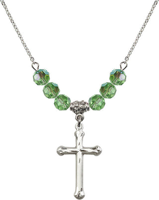 18" Rhodium Plated Necklace with 4mm Peridot Crystal Beads featuring a Sterling Silver Cross Medal. Engraved Catholic Saint Jewelry